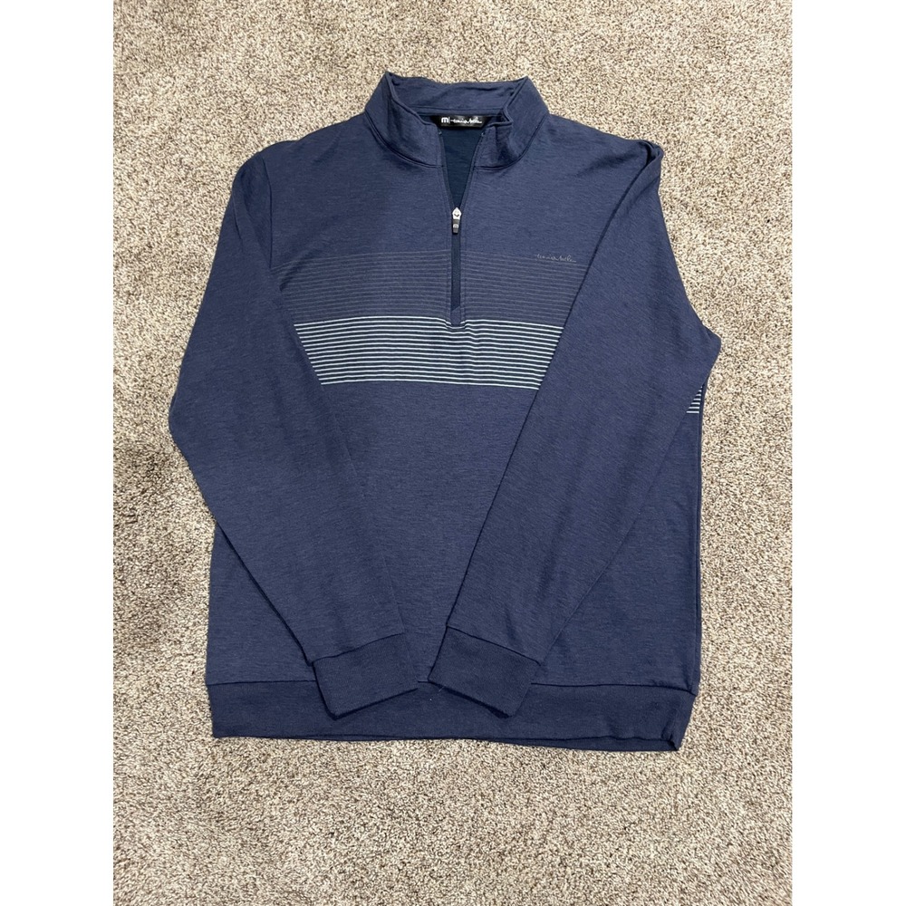 TravisMathew Mens Navy Blue Striped Quarter Zip Pullover Sweater Large A982